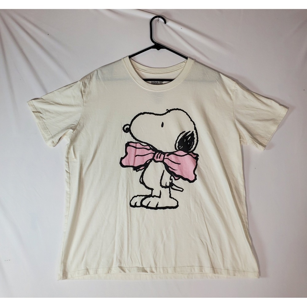 Peanuts Snoopy Pink Bow Graphic T-Shirt Cream XXL Short Sleeve Crew Neck - Picture 2 of 6